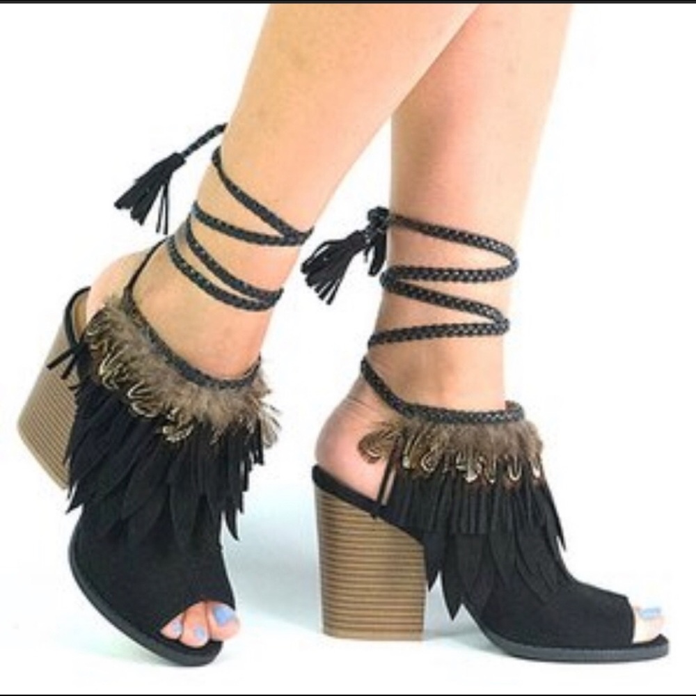 Qupid suede and feather Roman tie booties